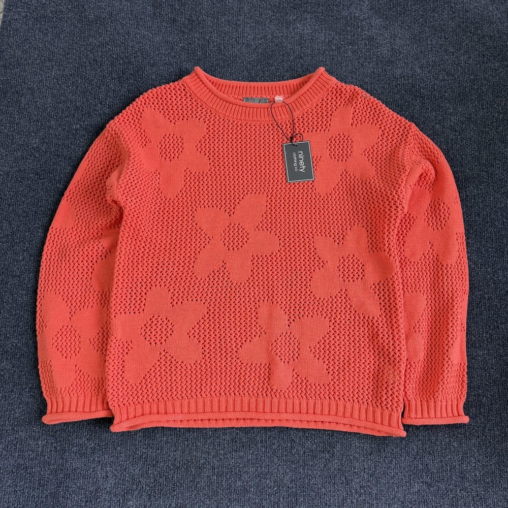 Ninety Clothing Co Sweater Womens Small Orange Crew Neck‎ Flower Open Knit